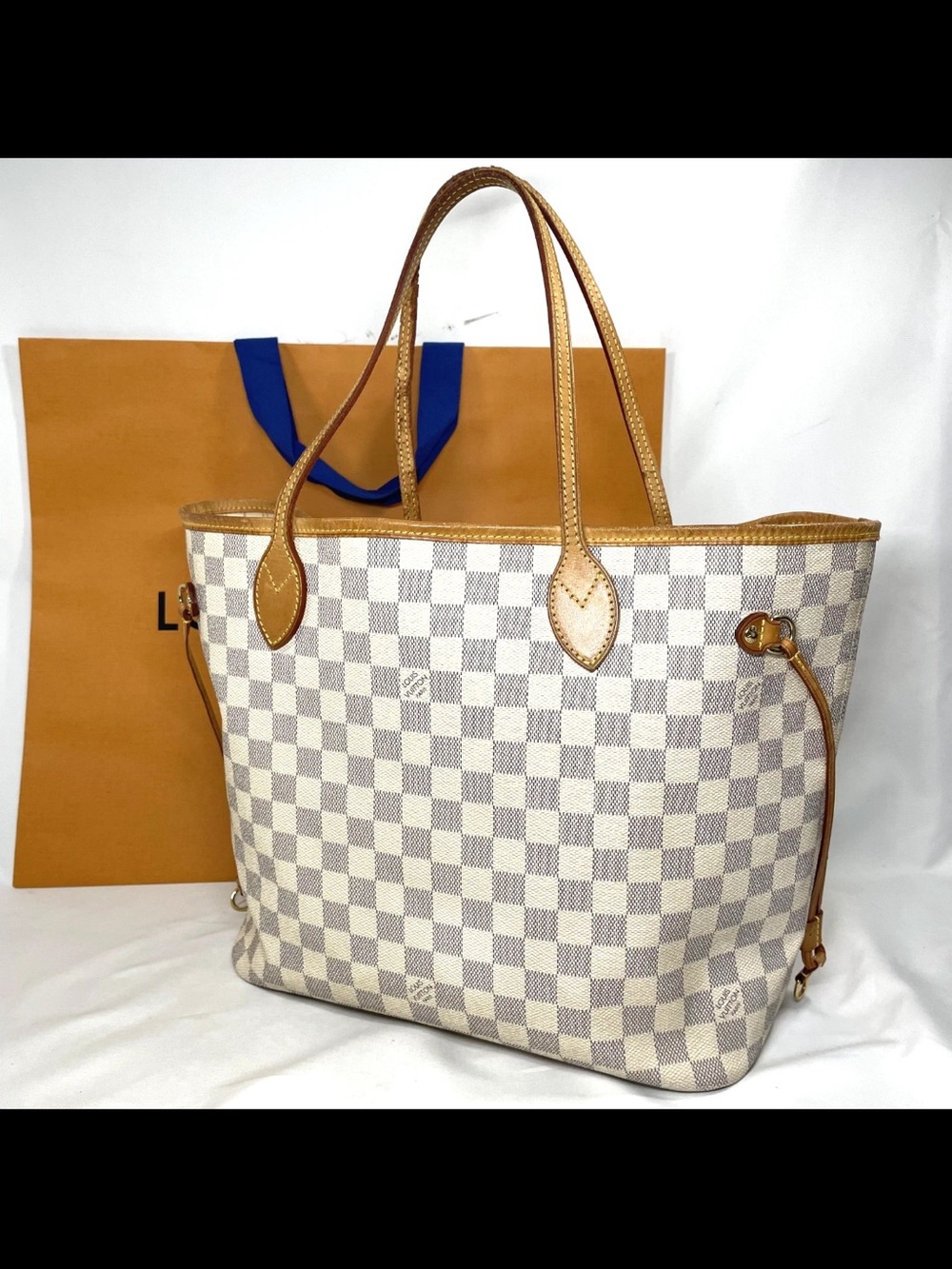 Louis Vuitton Damier Azur Neverfull Tote in White/Beige